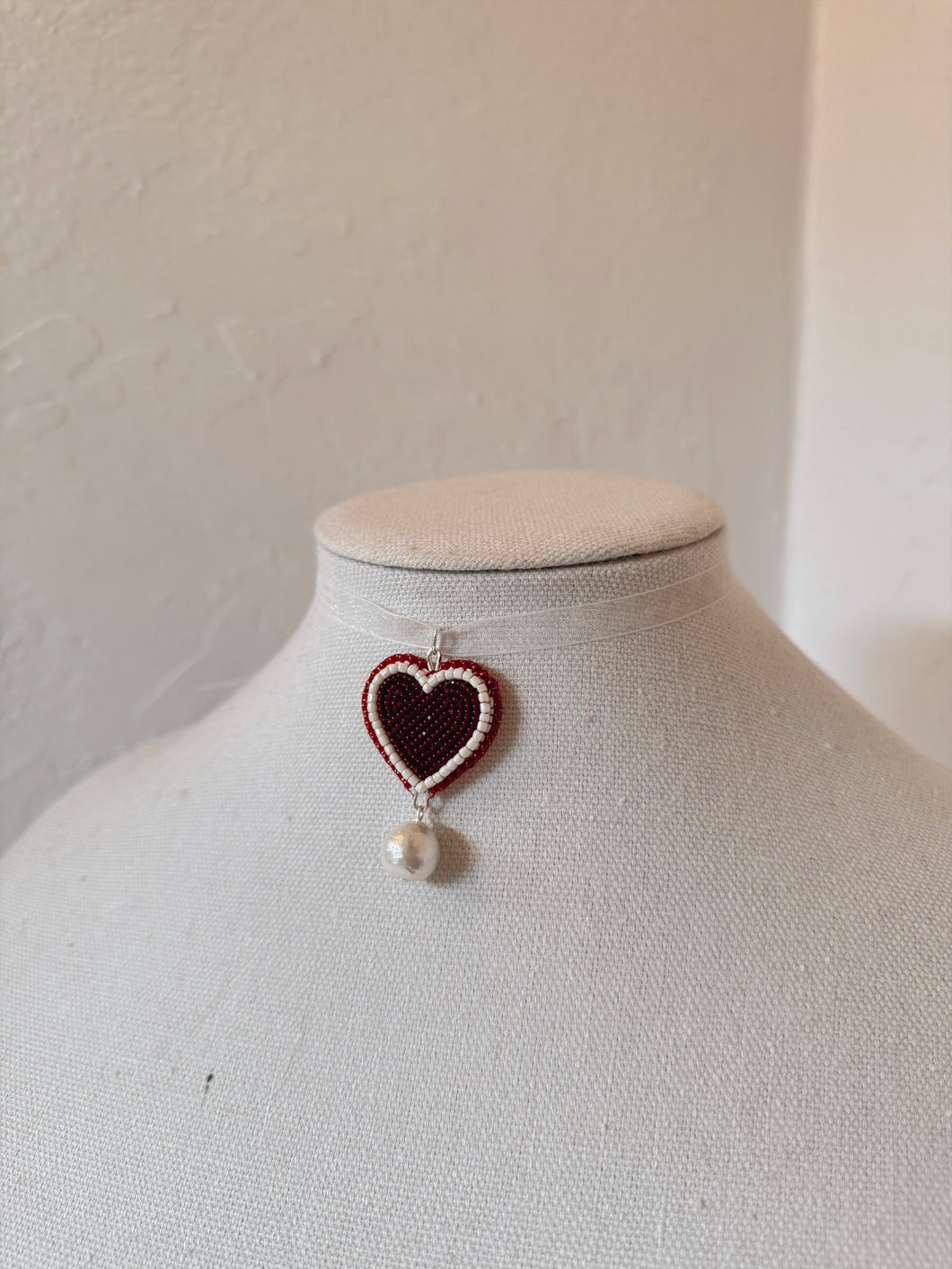 Hearts +Pearls Ribbon Choker